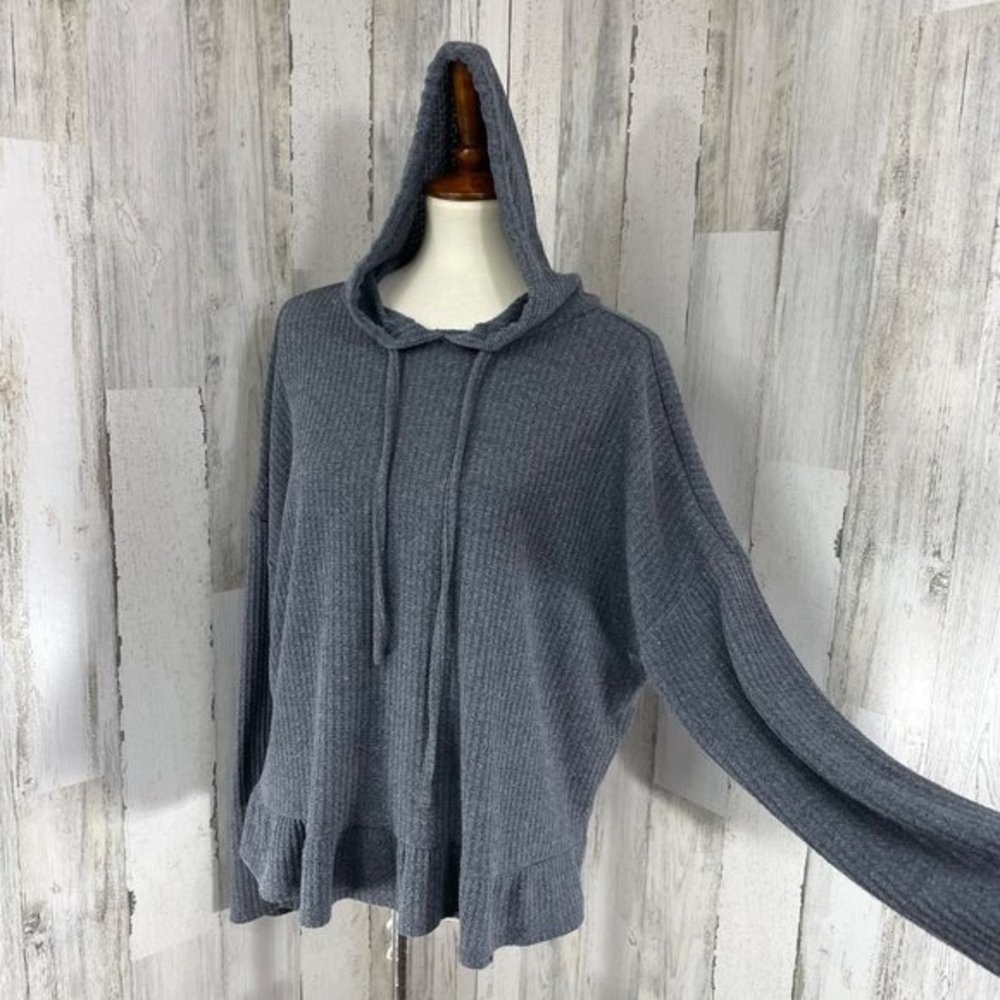 LC Lauren Conrad Women's Gray Ribbed Sparkle Ruffle Hoodie Sweater Size X-Large